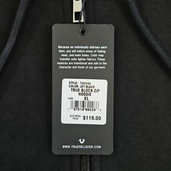 True Religion Full Zip Hoodie Men's XL NWT Black Long Sleeve Gold Sleeve - Picture 4 of 15